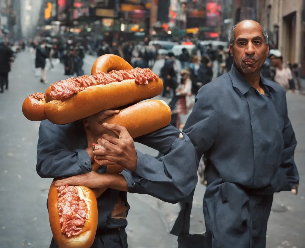 Image similar to closeup portrait of a man carrying a giant hotdog on his shoulder in a smoky new york back street, by Annie Leibovitz and Steve McCurry, natural light, detailed face, CANON Eos C300, ƒ1.8, 35mm, 8K, medium-format print