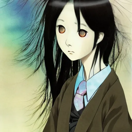 Image similar to yoshitaka amano blurred and dreamy realistic illustration of a young japanese woman in anime style with black eyes, wavy white hair fluttering in the wind wearing dress suit with tie, junji ito abstract patterns in the background, satoshi kon anime, noisy film grain effect, highly detailed, renaissance oil painting, weird portrait angle, blurred lost edges, three quarter view