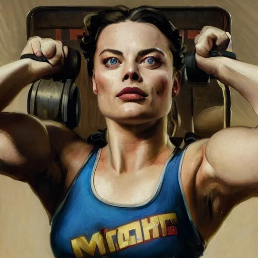 Image similar to socialist realism propaganda poster of margot robbie as beautiful female very muscular weightlifter from overwatch, portrait, profile picture, socialist realism, highly detailed, intricate, digital painting, artstation, sharp focus, illustration, art by jakub rozalski, greg rutkowski, artgerm, tan zi and ayanamikodon and alphonse mucha and wlop