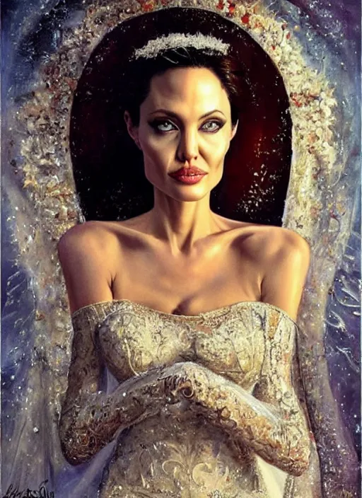 Image similar to Angelina Jolie as a bride at her wedding, wedding portrait art by Karol Bak