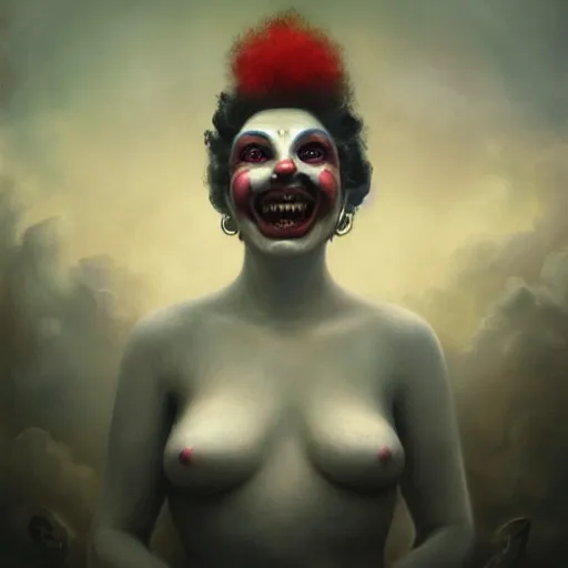 Image similar to By Tom Bagshaw, ultra realist soft painting of a curiosities carnival by night, Female Clown big smile long tongue dirty teeth and dressed, horror, omnious sky, symmetry accurate features, very intricate details, black and white, volumetric light clouds