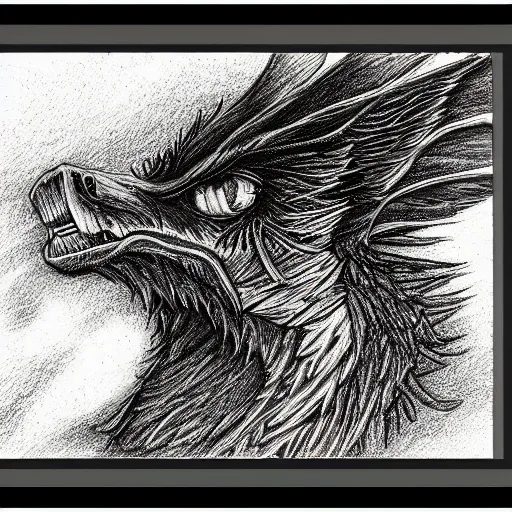 Image similar to A wide shot of griffin in the sky, colorful eyes, glowing eyes, fire, frost, angry, demonic, detailed pencil drawing, fine lines, rustic,