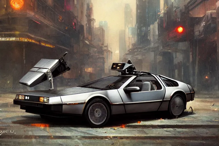 Image similar to photograph of the delorean, with a sleek spoiler, driving down the streets of a cyberpunk abandoned city, by greg rutkowski, by stanley artgerm, by alphonse mucha