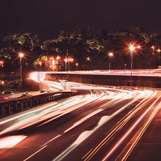 Prompt: dslr photo freeway photo at night, very high quality lights, intricate details, extremely high quality, moody lighting, real camera, real photo, slow - shutter, 8 k, full subject in shot