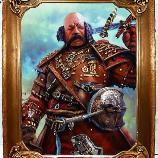 Image similar to a russian warrior who is wearing iron gauntlets in the shape of bear claws in the style of warhammer fantasy : : head and shoulders oil painting