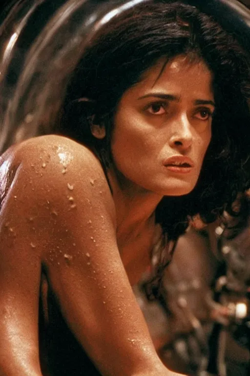 Image similar to film still of salma hayek in the movie Alien, captured in a creamy alien substance, scary, cinematic shot, 4k.