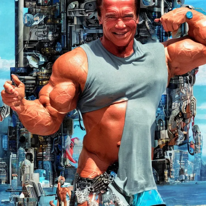 Image similar to arnold schwarzenegger having fun at a cyberpunk beach, futuristic cyberpunk, detailed photo