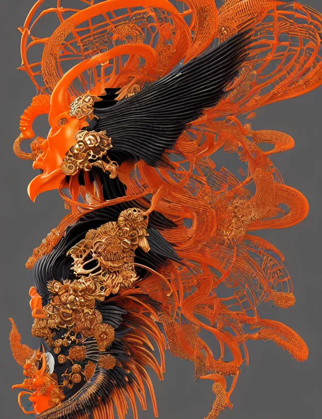 Image similar to 3 d goddess close - up profile portrait biomechanics with ram skull. beautiful intricately detailed japanese crow kitsune mask and clasical japanese kimono. betta fish, jellyfish phoenix, bio luminescent, plasma, ice, water, wind, creature, artwork by tooth wu and wlop and beeple and greg rutkowski. gold black teal and orange color scheme