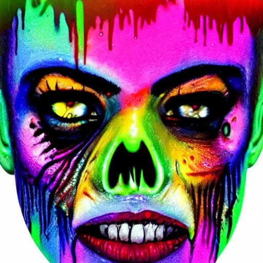 Prompt: melting rainbow chromatic zombie glossy paint full colors