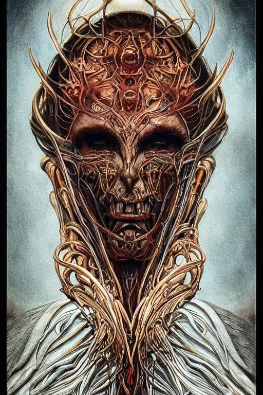 Image similar to Elden Ring and Doom themed painting of majestic chromatic biomechanical anatomical human hybrid beautiful ethereal angel symmetrical neutral mask closeup face tattoo pattern golden ratio concept, Neo-Gothic concept, infinity glyph waves, intricate artwork masterpiece, very coherent artwork, cinematic, full frontal facial features by Artgerm, art by H.R. Giger, Takato Yamamoto, Zdizslaw Beksinski, Johnatan Wayshak, Moebius, Ayami Kojima, very anatomically coherent artwork, trending on cgsociety, ultra high quality model, production quality cinema model, high detail chromatic ink outline, octane render, unreal engine 8k, hyper realism, high detail, octane render, unreal engine, 8k, High contrast