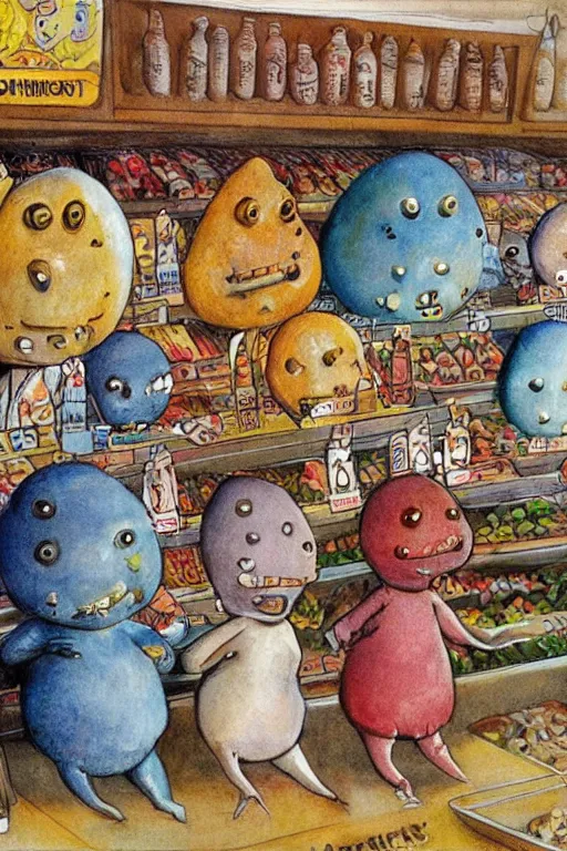 Image similar to cute aliens in a grocery store by jerry pinkney