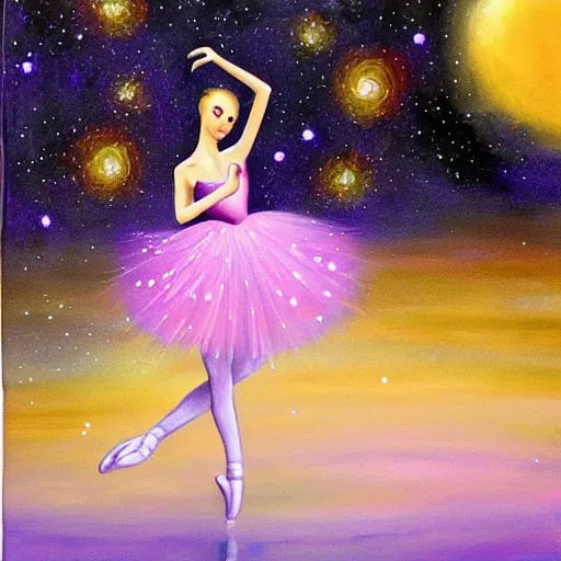 Image similar to ballerina in a dress looking at a starry sky, galaxy, beautiful, painting, highly detailed, soft light