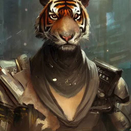 Image similar to portrait male anthro tiger dressed in military clothes character full body precis no blur, concept art, character sheet, nier automata, gaston bussiere, greg rutkowski, tsutomu nihei, cyberpunk, trending on artstation, featured on pixiv, hyper detail, cinematic composition, 8 k