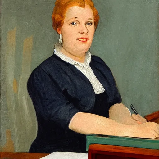 Prompt: a portrait of a secretary sitting behind a desk, 7 0 th burda style,