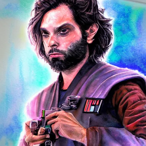 Image similar to a realistic star wars watercolor fantasy concept cart of chris d'elia as a drug dealer in a sleazy futuristic city of coruscant, hq, 4 k