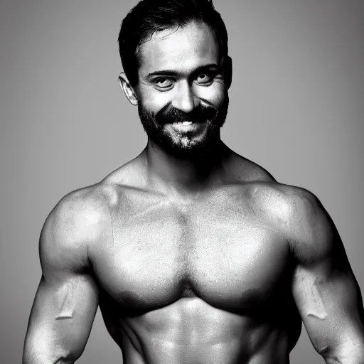 Image similar to grey - scale portrait of a man looking slightly left with a pronounced long square chin with thin face, has thick facial hair, very short black hair, manly face, widely grinning, body builder, large chest muscles, no shirt, dark lighting, dark grey background