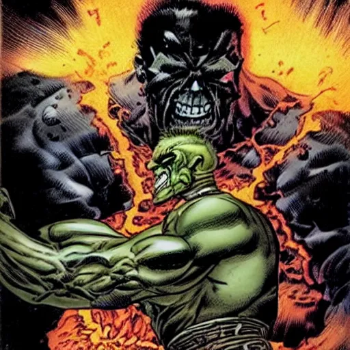 Image similar to ghost rider holding the hulk by the throat, marvel, jack kirby, jim lee