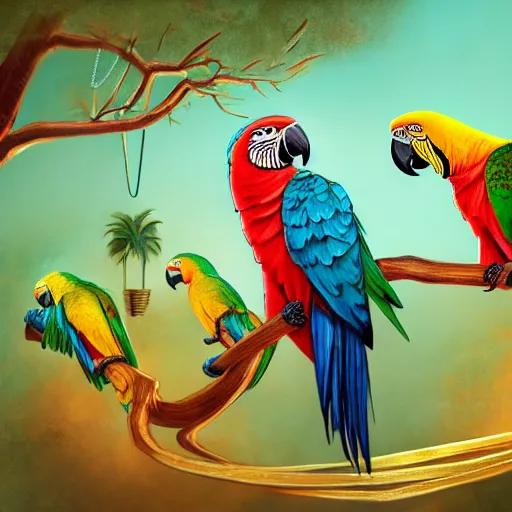 Image similar to parrots dressed in golden rings, necklaces and with caps on head, rapping and sitting on golden trees, rap scene, jungle concept art, trending on artstation, highly detailed, digital art, 8 k