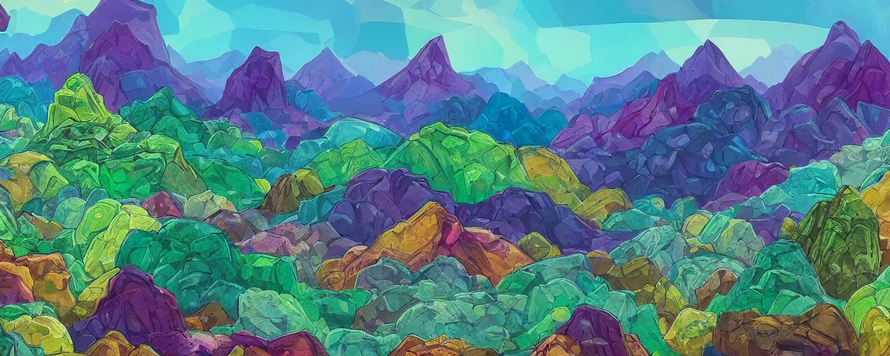 Prompt: An alien landscape with mountains made of gems, and strangely shaped trees and plants, bold complementary colours, 2D matte, photorealism, detailed, intricate,