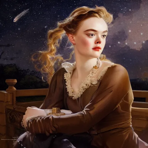 Prompt: leyendecker and peter paul rubens, head and shoulders portrait of a elle fanning, nighttime, at the pool, starry sky, unreal engine, fantasy art by global illumination, radiant light, detailed and intricate environment