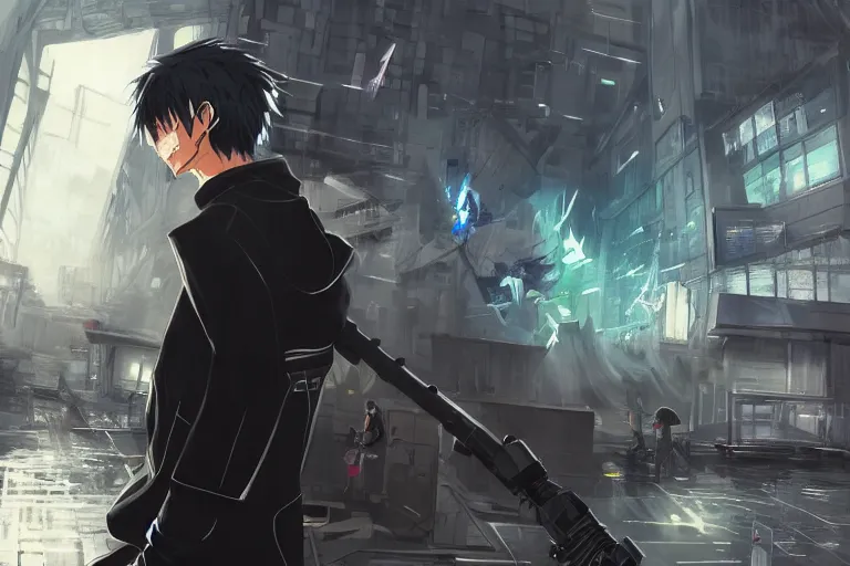 Prompt: anime young guy in black jacket pointing a railgun at a building, wlop, concept art, digital painting, trending on artstation, highly detailed, epic composition, 8 k uhd