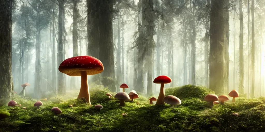 Image similar to Photo by Filip Hodas of the cinematic view of the Forest of the Giants, various giant mushrooms, some little mushrooms on the floor, only 3 very big red mushroom with white spots in second photo plan, photorealism, a few sun ray of lights falling with dust, def of field, photo taken with canon 5D