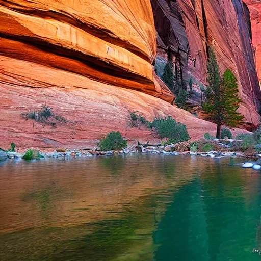 Prompt: architecture built into the side of zion nation park, the narrows, light, beauty