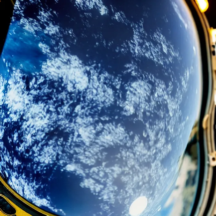 Prompt: high detail , close up photo of an astronauts helmet, the reflection shows the new colony in a lush alien planet