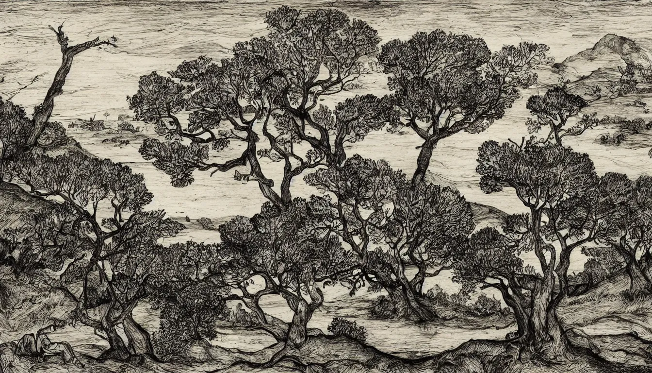 Image similar to a person sits on a hill overlooking a river, wind blown trees, pen and ink, 1 5 0 0 s, 8 k resolution