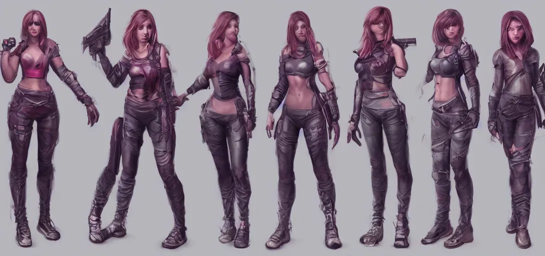 Image similar to character sheet concept art of female video game characters, renaissance, futurepunk, bright, parkour, rebel, realistic, hyper realistic, photographic, costume, by marc brunet and artgerm