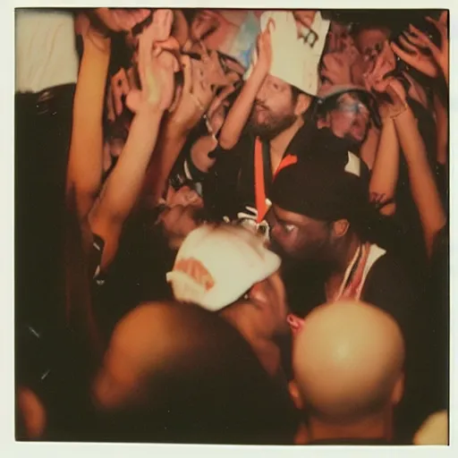 Image similar to Confucius at a rap battle, 90s polaroid, by Saul Leiter, Jamel Shabazz, Nan Goldin