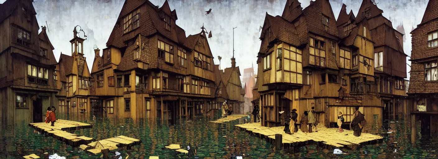 Image similar to flooded old wooden city street, very coherent and colorful high contrast masterpiece by norman rockwell franz sedlacek hieronymus bosch dean ellis simon stalenhag rene magritte gediminas pranckevicius, dark shadows, sunny day, hard lighting, reference sheet white background