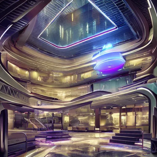 Image similar to futuristic hotel lobby, hyper detailed, digital art, trending in artstation, cinematic lighting