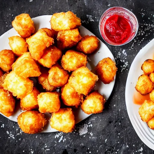 Image similar to food photo of channing tatum's face as giant tater tot on a plate with ketchup