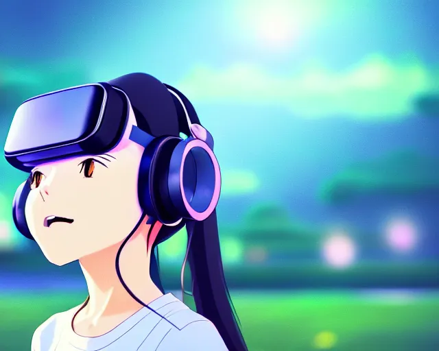 Image similar to anime fine details portrait of joyful girl in vr headset in school, bokeh. anime masterpiece by Studio Ghibli. 8k render, sharp high quality anime illustration in style of Ghibli, artstation