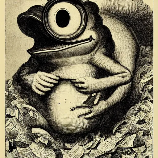 Image similar to portrait of pepe the frog by goya and escher and hogarth, illusion surreal art, highly conceptual figurative art, intricate detailed illustration, controversial poster art, polish poster art, geometrical drawings, no blur