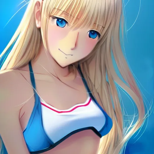 Image similar to a very beautiful young anime tennis girl, long blond hair, full body, ( sky blue eyes ), ( full round face ), short smile, bikini, miniskirt, highly detailed, cinematic wallpaper by stanley artgerm lau