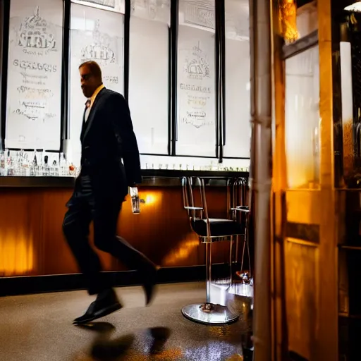 Prompt: man in suit entering bar with bottle of Whisky