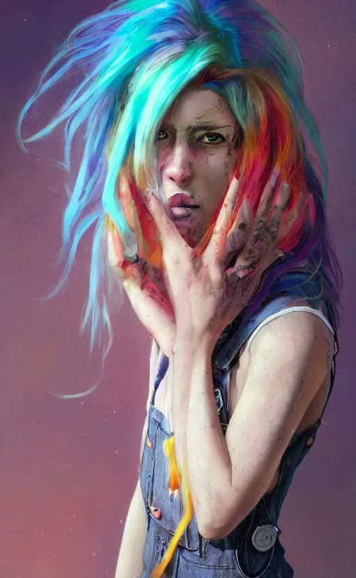 Prompt: a grungy hippy woman with rainbow hair, drunk, angry, soft eyes and narrow chin, dainty figure, long hair straight down, torn overalls, basic white background, side boob, symmetrical, single person, style of by Jordan Grimmer and greg rutkowski, crisp lines and color,