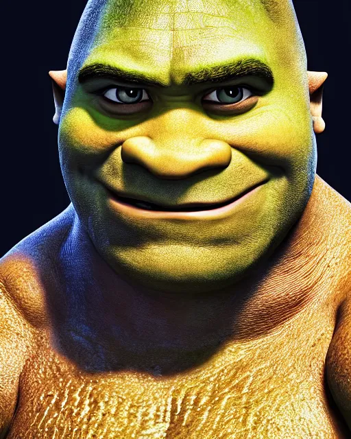 Image similar to film still close up shot of dwayne johnson as shrek from the movie shrek the third. photographic, photography