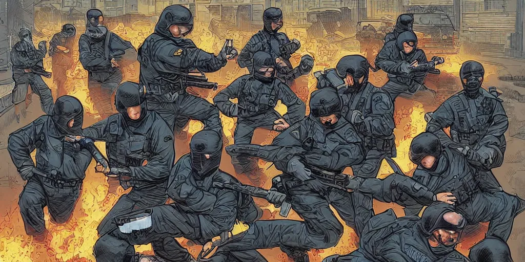 Image similar to Milwaukee cops vs. Ninjas. Epic painting by James Gurney and Laurie Greasley.