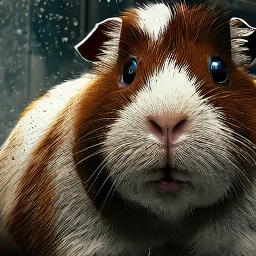 Image similar to guinea pig in gears of war, splash art, movie still, detailed face, photorealistic facial features, cinematic lighting, dramatic, octane render, long lens, shallow depth of field, bokeh, anamorphic lens flare, 8 k, hyper detailed, 3 5 mm film grain