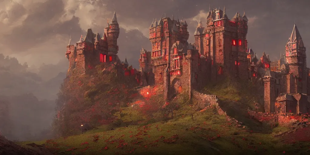 Prompt: A castle made out of red stone, by Greg Rutkowski and Raphael Lacoste, bright, high contrast, cinematic lighting, highly detailed, 4k resolution, trending on artstation