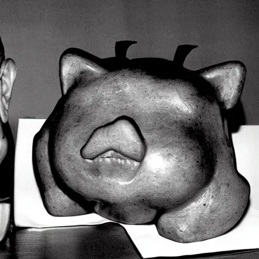 Image similar to samuel beckett's features on the face of a roast pig with an apple in its mouth