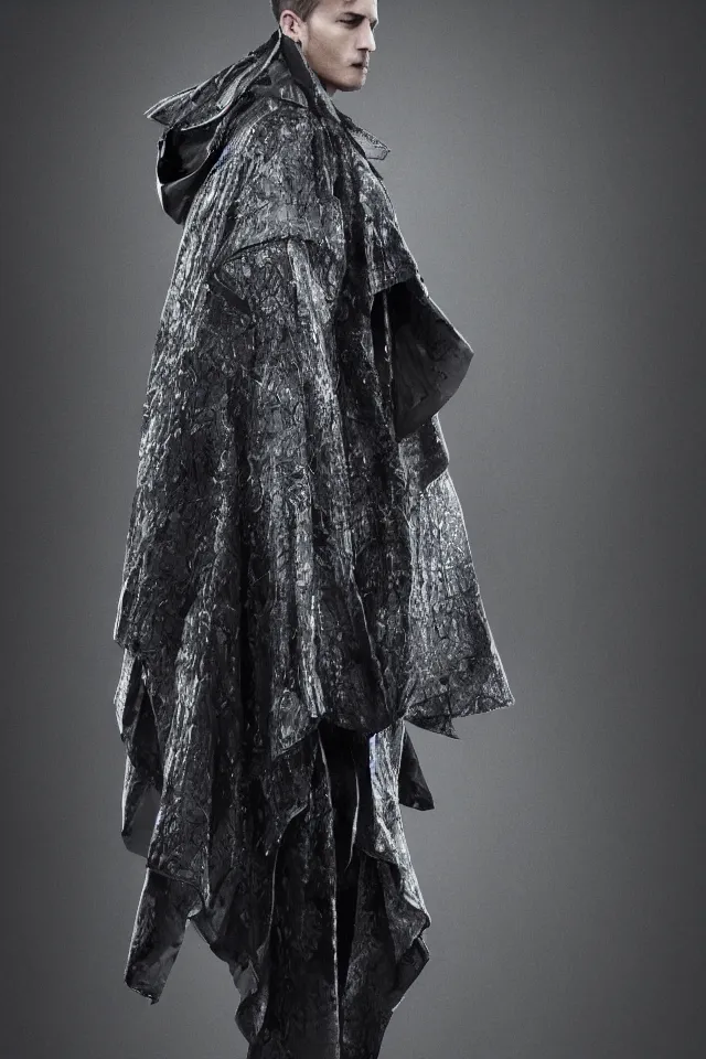 Image similar to realistic render, digital fashion, with Steve buacemi in tactical poncho designed by alexander mcqueen and acronym, rim light, high key, ultra detailed, hyperdetailed, dark backdrop