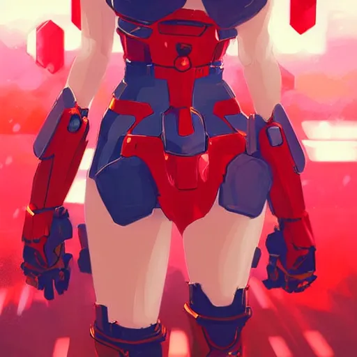 Image similar to digital anime art. cute girl. red mech arms and red mech legs. blue eyes!!!. gold short hair!!!. red bikini. full body!!!. wlop, rossdraws