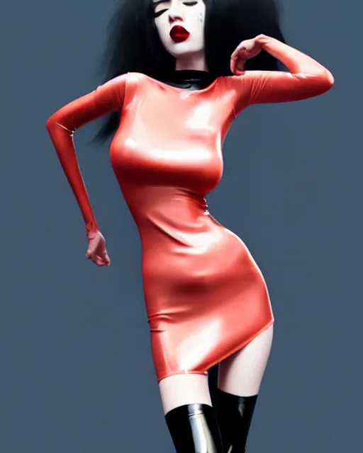 Image similar to a torso portrait of pale skin goth in shiny latex mini skirt and shiny latex tank top, very long curvy black hair explosion, red lips, pastel makeup, paint by ilya kuvshinov and ross tran and karol bak and stanley lau and anna dittmann and artgerm and xiaoguang sun and tian zi