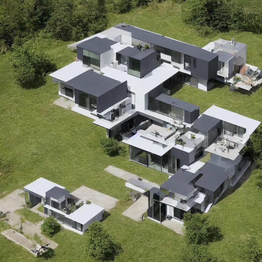 Image similar to hybrid modern home mixed with a drone, a drone home, hovering over a field