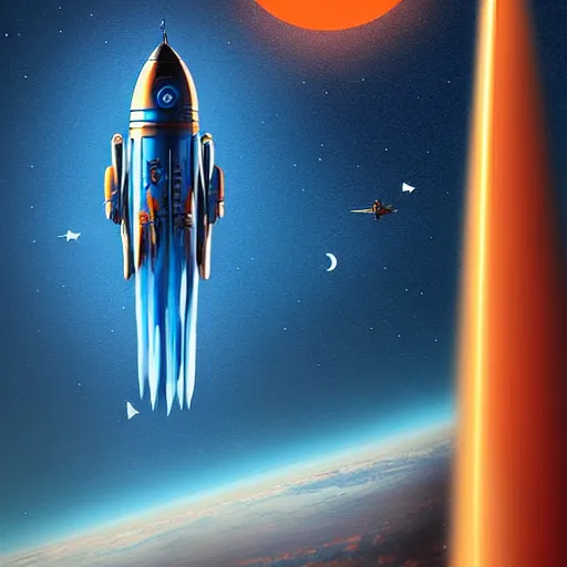 Image similar to Blue V2 rocket in space, tin tin, an orange as a planet, intricate, SCI-Fi, movie poster, high detail, digital art by raphael lacoste