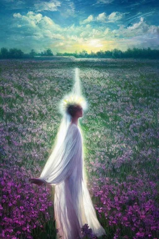 Image similar to giant white daisy flower on head, veiled girl walking in a flower field, surreal photography, sunrise, dramatic light, impressionist painting, colorful clouds, digital painting, artstation, simon stalenhag